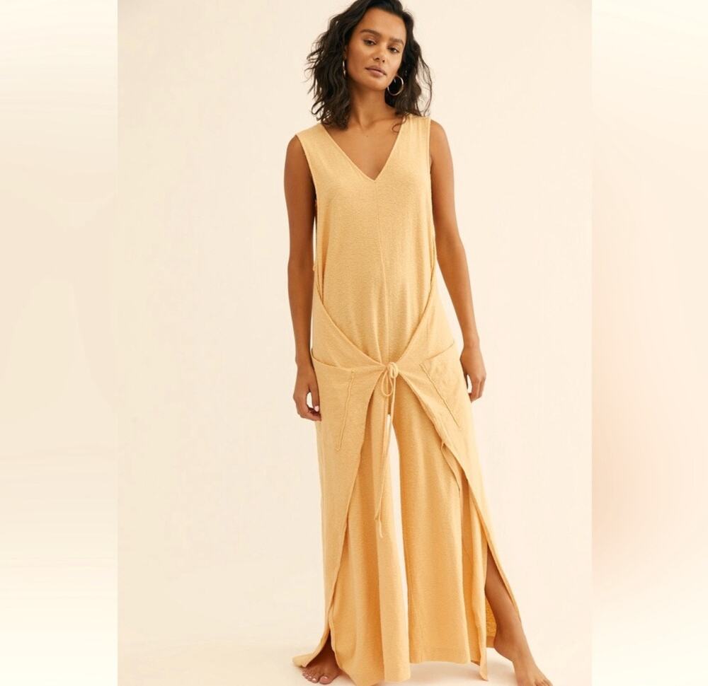 Free People Beach Numero Uno onesie tan knotted linen-look fabric flowy wide-leg